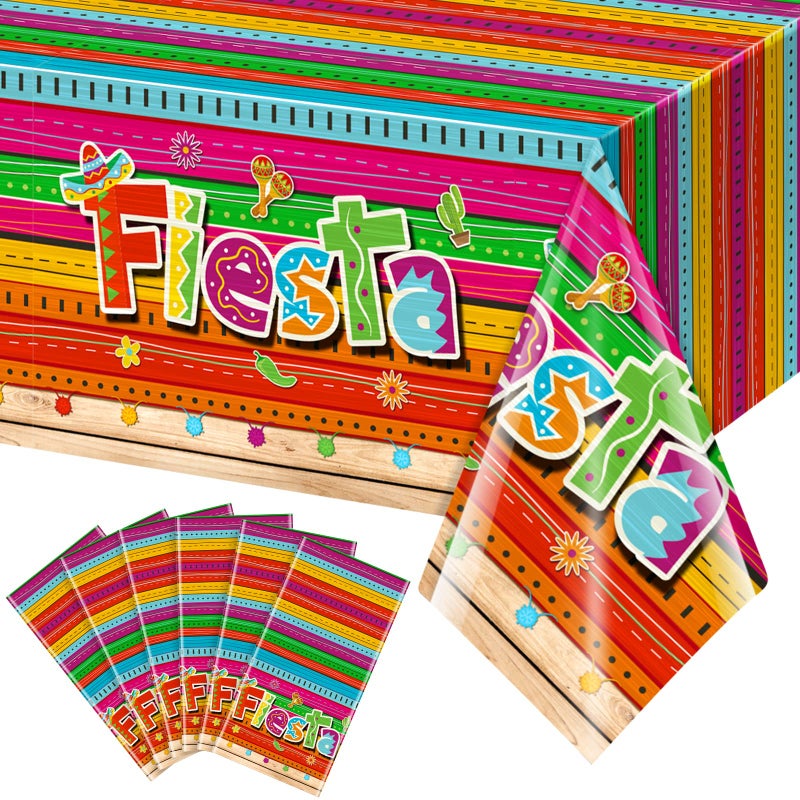 Jectivs 6-Piece Mexican Fiesta Plastic Tablecloth Set  Rectangular  54 x 108 Inch  All-Season  Waterproof  Durable  for Party  Birthday  Taco Night  Cinco de Mayo Decorations - Image 1